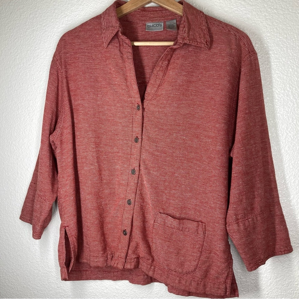 Chicos Women's Linen Shirt Red White Striped Button Down  3/4 Sleeve Size 1 - Picture 4 of 12